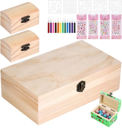 3-delige houten doos met deksel, creatieve doe-het-zelf, opbergdoos van grenenhout met gekleurde borstels en sluiting, houten doos voor het decoreren van kantoor thuis of als souvenir