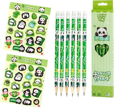 6 stuks potloden met gum en 2 pandastickers, ideale panda potloodset voor basisschool, kantoor en feestgeschenken voor jongens en meisjes