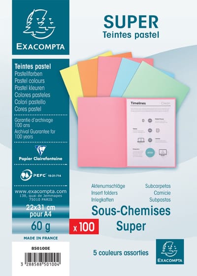 Exacompta SUPER 60 - Pak van 100 inlegmappen -22x31cm voor A4 - Geassorteerd - 850100E