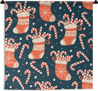 Wandkleed - Wanddoek - Sokken - Snoep - Kerst - Patronen - 90x90 cm - Wandtapijt