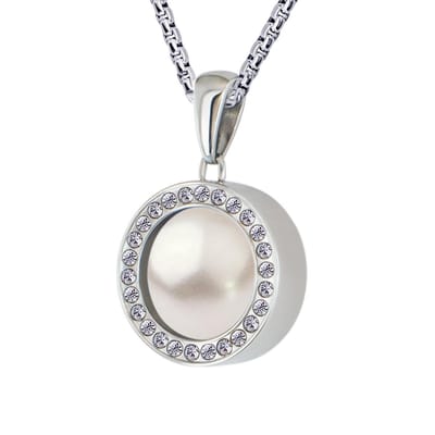 Quiges 12mm Mini Munt Hanger Zilverkleurig met Zirkonia RVS Glans met Kunstparel Munt en Ketting Ankerketting 42-46cm - SLSHS444