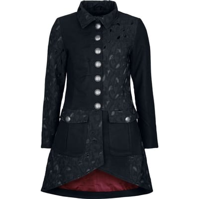 Gothicana zwarte mantel met rode voering en halfzijdige brokaat - Dames - S