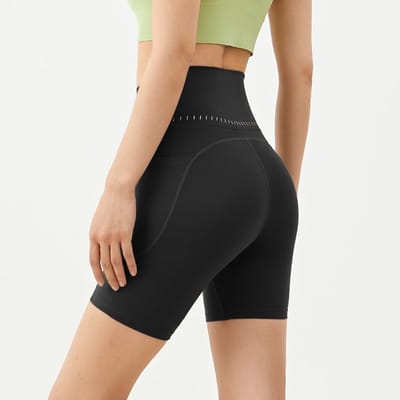 Dames yogashort-hoog taille-naadloos-heupvormend-met zakjes-buiten sporttraining-fitnessshort-draagbaar buitenhuis-Zwart— S