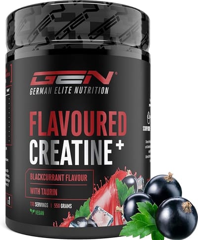 GEN Gearomatiseerd Creatine Poeder - 550g - Creatine Monohydraat + L-Taurine - Gemicroniseerde Creatine met Aroma - Geen Suiker & Top Oplosbaarheid - Veganistisch (Zwarte bes)