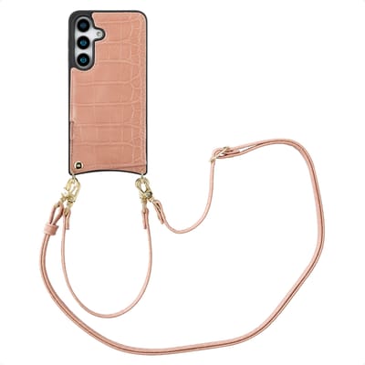 Selencia Hoesje - Geschikt voor Samsung Galaxy S25 - Croco Backcover met koord en pashouder - Old Pink