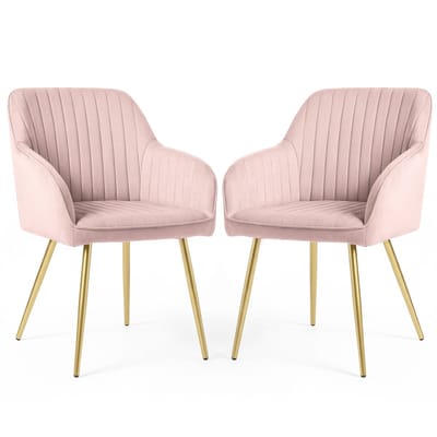 Set van 2 Eetkamerstoelen FLORENCE met Armleuningen / Gestoffeerde Stoelen / Fluwelen Stoelen en Metalen Poten / Poederroze met gouden benen