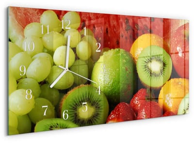 Tulup Wandklok - Fruit Wandklok Glas Decoratie - 60x30 cm - Groente Gekleurde Glazen Klok - Witte Handen - Rechthoekige Wandklok - Decoratieve Glazen Klok - Glazen Wandklok Design