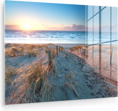 MuchoWow® Glasschilderij 160x120 cm - Schilderij acrylglas - Strand - Zee - Zon - Duin - Foto op glas - Muurdecoratie woonkamer - Wanddecoratie slaapkamer - Schilderijen - Portret van de zomer