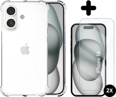 Hoesje geschikt voor iPhone 16 Transparant - 2x screenprotector - beschermglas - Anti Shock case
