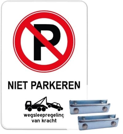Bord Niet parkeren - wegsleepregeling - Weerbestendig Aluminium - 40x60 cm - Bevestiging: Met hekbeugels (voor spijlen- of gaashek)