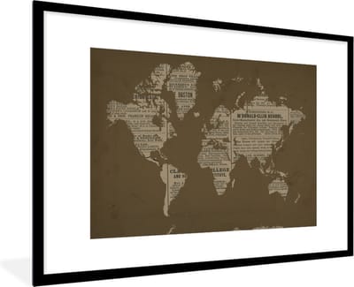 Fotolijst incl. Poster - Wereldkaart - Retro - Krant - 90x60 cm - Posterlijst