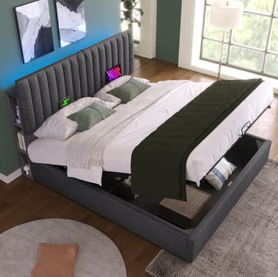 MEUNIQ gestoffeerd tweepersoons bed 160x200 cm met opbergruimte, LED hoofdbord met app-bediening, USB en Type-C, lattenbodem, grijs slaapkamerbed