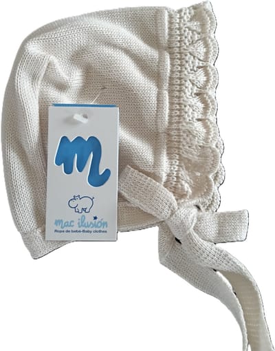 Mac Ilusion Baby mutsje / bonnet met ajour rand | natural | met gebreid striklint | maat 56-62 | 1-3 maand