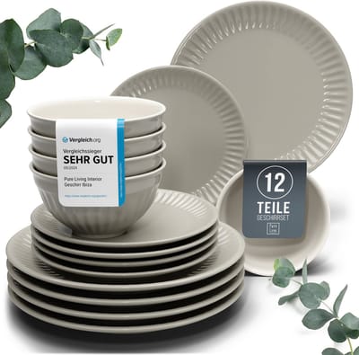 Pure Living Hygge 12-Delig Serviesset - Lichtbruin - 4 Personen - Magnetronveilig - Vaatwasserbestendig