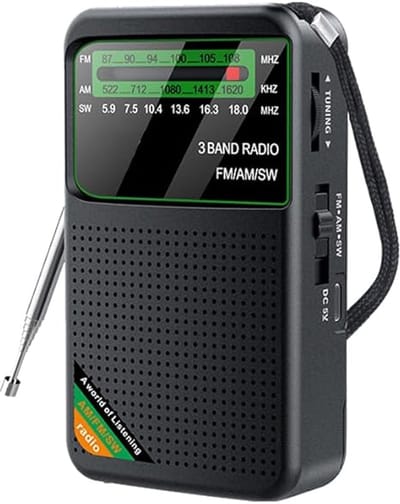 Zwarte tri-band zakradio - Draagbare AM/FM/kortegolfradio - Met hoogwaardige transistors en een grote luidspreker - Werkt op batterijen - Geschikt voor binnen- en buitengebruik