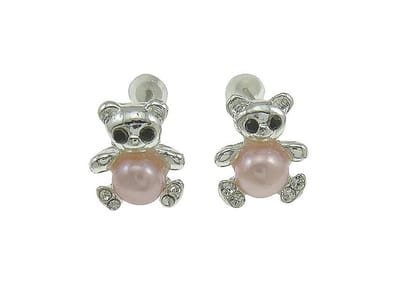 Zoetwater parel oorbellen Pearl Bear P - oorstekers - echte parels - roze - stras steentjes - beer - luxe sieraden zakje - parel oorbellen meisje