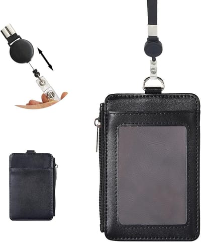 Bus Card Badge Holders van Kunstleer met Drie Vakjes en Rits, Inclusief Uittrekbare Lanyard (Zwart)