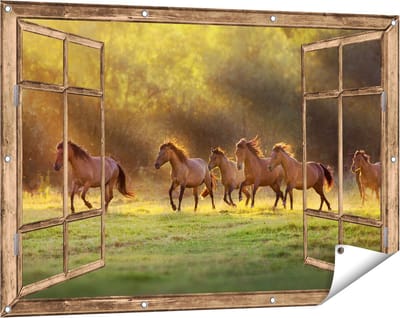 Gards Tuinposter Doorkijk Kudde Bruine Paarden in de Wei - 120x80 cm - Tuindoek - Tuindecoratie - Wanddecoratie buiten - Tuinschilderij