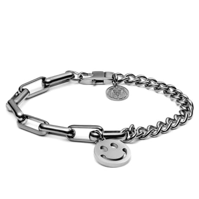 Clarke Zilverkleurige Amager Curb- & Kabelketting-armband met Smiley-hanger