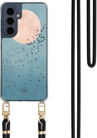 Telefoonhoesje met koord geschikt voor Samsung A16 - Moon birds - Inclusief Zwart koord - Transparant, Blauw - Print - Crossbody beschermhoes - Met Telefoonketting