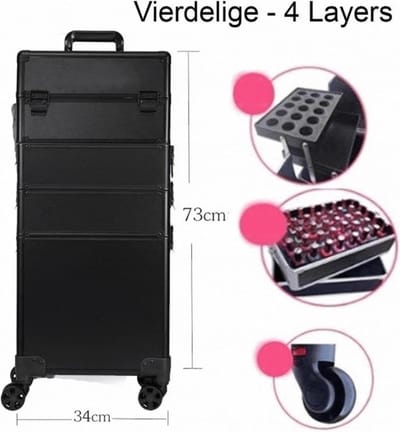 4in1 Beautykoffer / Trolley voor opbergen van uw persoonlijke verzorgingsproducten | gemaakt van aluminium - 8 wielen - Kapper - Tattoo - Nagel - Make-up - Cosmetica - Schmink - 4 Lagen