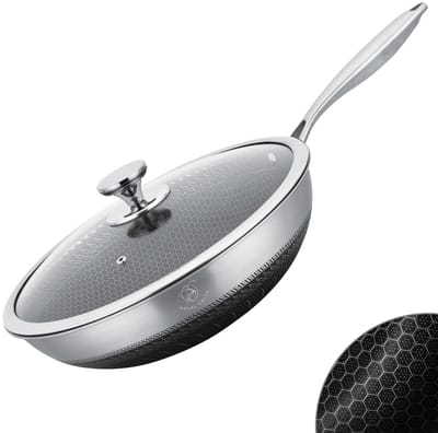 Wokpan Inductie 32 cm - PFAS Vrij Pan - RVS Honingraat Anti-aanbak Wokpan - Glazen Deksel Royal Swiss®