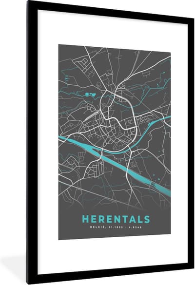 Fotolijst incl. Poster - Stadskaart – Grijs - Kaart – Herentals – België – Plattegrond - 60x90 cm - Posterlijst