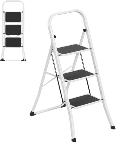 Inklapbare opstapladder 3 treden, robuuste metalen huishoudtrap met extra brede antislip treden, veiligheidsleuning & vloerbeschermende rubberdoppen