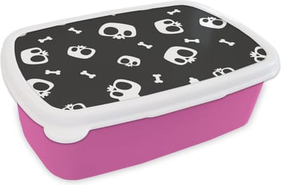 Broodtrommel Roze - Lunchbox - Brooddoos - Patronen - Skull - Skelet - Bot - Jongen - Jongetje - Kinderen - Kids - 18x12x6 cm - Kinderen - Meisje