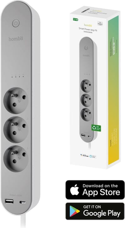 Hombli Slimme Stekkerdoos – 3-Voudig – Franse Stekker (Type E) - 1x USB 1x USB-C met Schakelaar – App met Energiemonitor/Verbruiksmeter – Overspanningsbeveiliging - 1.5m Snoer