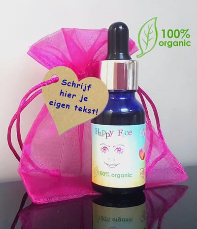 Happy Face Cadeauverpakking - 100% biologische gezichtsolie - eco - duurzaam cadeautje - Wilde Roos of geur naar keuze - gepersonaliseerd - geschenkverpakking - past door de brievenbus