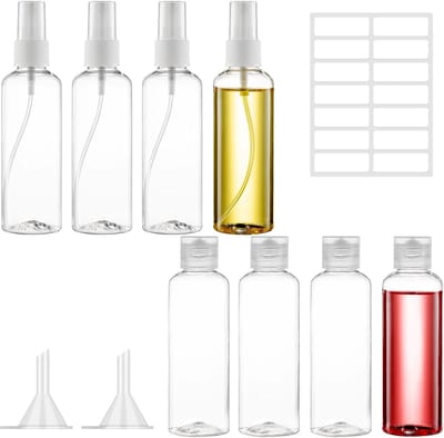 Famanu – Set van 100 ml reisflessen, plastic sprayflessen met trechter, transparante lege cosmetische containers voor luchtreizen, parfum, shampoo en lotion