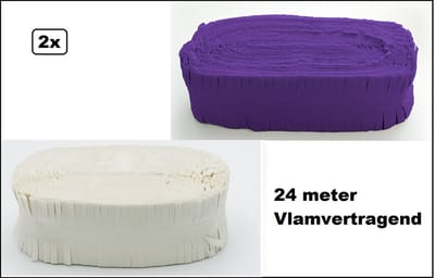 2x Crepe guirlande paars en wit 24meter - Brandvertragend - Slinger verjaardag vlaglijn festival thema feest party