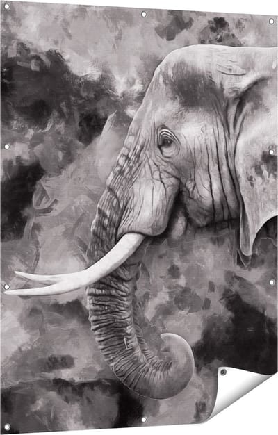 Gards Tuinposter Olifant - Abstract - Zwart Wit - 90x120 cm - Tuindoek - Tuindecoratie - Wanddecoratie buiten - Tuinschilderij