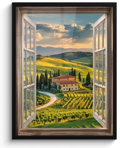 Poster in lijst - Fotolijst 50x70 cm - Posters - Doorkijk - Toscane - Uitzicht - Landschap - Zomer - Posterlijst zwart - Decoratie - Wanddecoratie woonkamer - Muurdecoratie slaapkamer