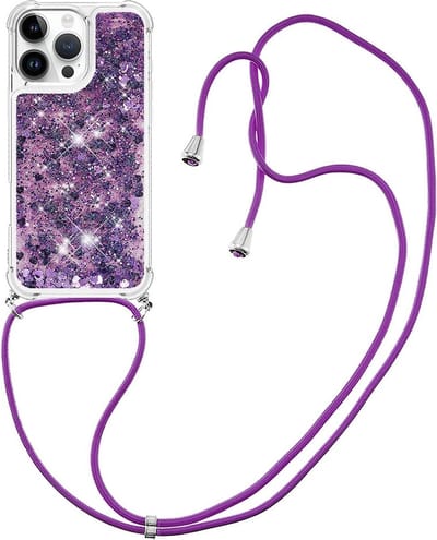Coverup Hoesje - Geschikt voor iPhone 16 Pro Max Hoesje - Coverup Liquid Glitter Back Cover met Koord - Paars