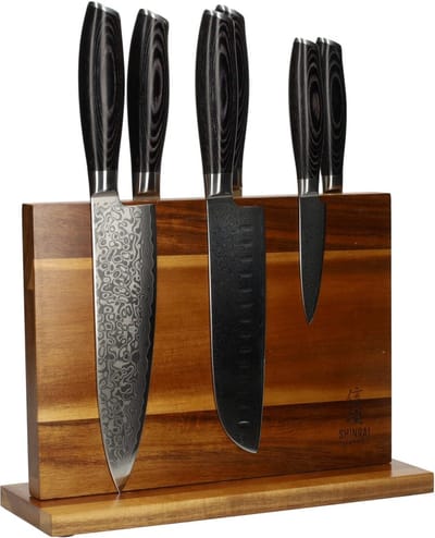 Shinrai Knives - Messenset met Blok – 6 delig – Koksmes - Japans Design - Damast Pakka Wood - Dubbelzijdige Messenhouder - Met Luxe Geschenkdoos
