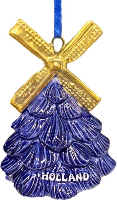 Kerstboom hanger kerstboom Delftsblauw met gouden molen wieken