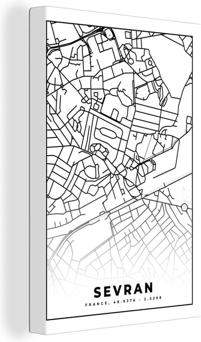 Canvas Schilderij Kaart - Sevran - Frankrijk - Stadskaart - Plattegrond - Zwart wit - 20x30 cm - Wanddecoratie