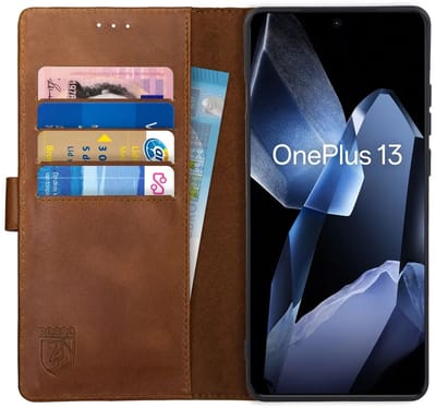 Rosso Deluxe Echt Leer Hoesje Geschikt voor OnePlus 13 | Ruimte voor drie pasjes | Portemonnee Book Case | Met Pasjeshouder | Bruin