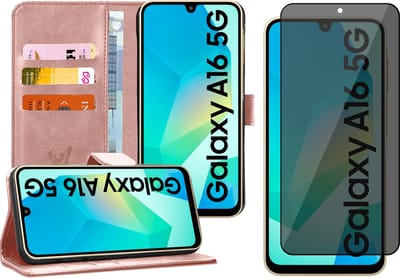 Hoesje geschikt voor Samsung Galaxy A16 - Privacy Screenprotector Volledig Dekkend Glas - Portemonnee Book Case Rosegoud