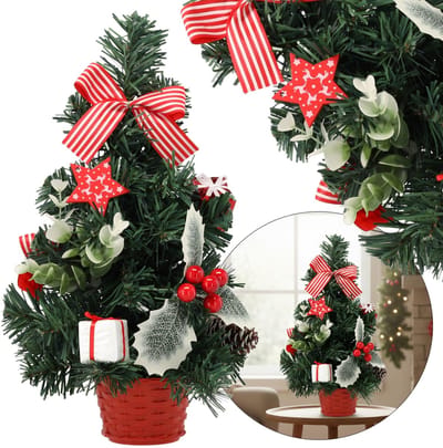 KLEINE Kunstkerstboom, rood met hulst in pot, VERSIERD 30 cm