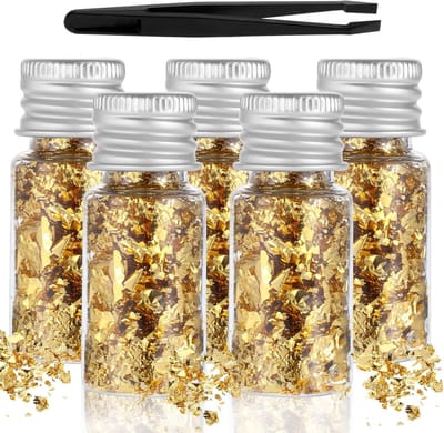 Vijf Stuks Gouden Folie Blad Gouden Vlokjes voor Taartdecoratie, Chocolade, DIY Creaties en Make-up Kunst