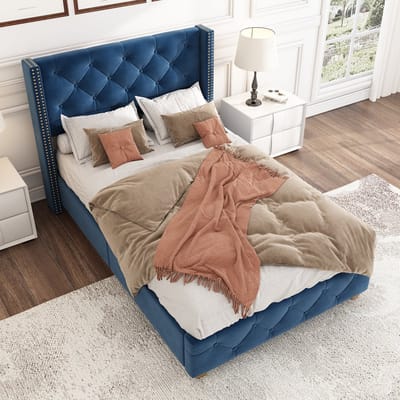 90x200 cm gestoffeerd bed - met lattenbodem en hoofdeinde - met knoopdecoratie - spijkerdecoratie - fluweel - blauw - zonder matras