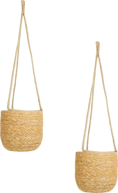 Ter Steege Hangende Plantenpot - 2x stuks - jute/zeegras - D17xH14 cm - creme/beige - bloempot
