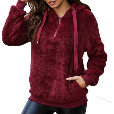 Dames Fleece Hoodie Effen Zakken Lange Mouw Warm Fuzzy Sweatshirt Truien Herfst Winter Casual M bordeaux