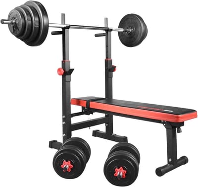 Halterbank - Fitnessbank - Kracht trainen - Inklapbaar - 125x60x110 cm - Zwart/rood