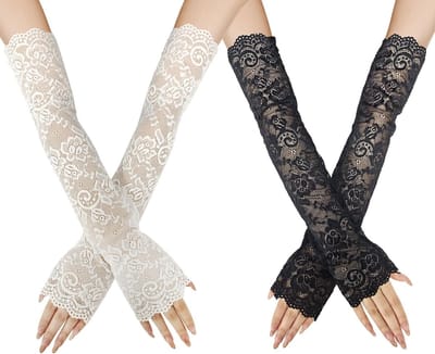 Armwarmers voor Dames - 2 Paar Vingerloze Handschoenen - Lange Ademend Zwarte Witte Kant - UV Bescherming voor Dames en Meisjes - One Size