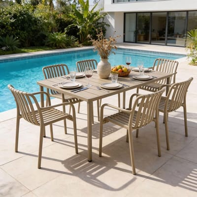 Tuinmeubelset 7-delig – 140x75x80 cm – Tuintafel met 6 Stapelbare Tuinstoelen – Aluminium & Kunststof Weerbestendig – Luxe Outdoor Eetset voor Tuin, Terras en Balkon – Champagne – Urbanhome