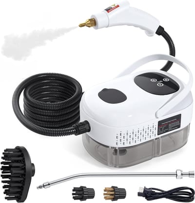 Stoomreiniger van 2500 W, hogedruk- en hogetemperatuurstoomreiniger, 1000 ml, 3 bar, inclusief 3 borstelkoppen (wit)